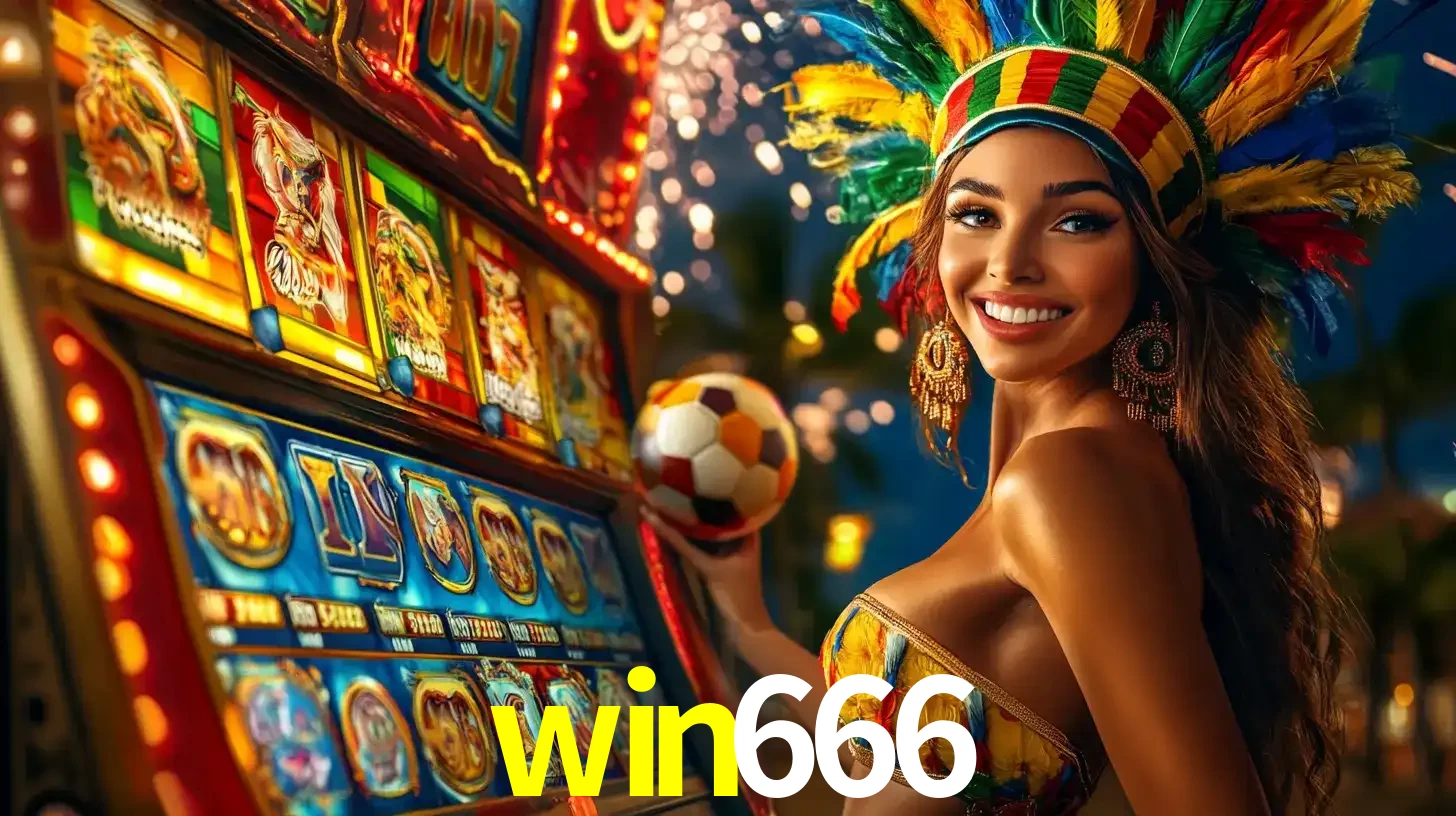 Mulher com um cocar de carnaval ao lado de uma máquina de caça-níqueis enquanto segura uma bola de futebol, mostrando a união da diversão de cassino e esportes no win666.