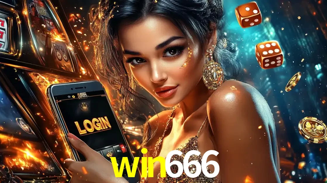 Mulher glamourosa segurando um celular com a tela de login do cassino win666, rodeada por dados e moedas douradas, pronta para começar a diversão.