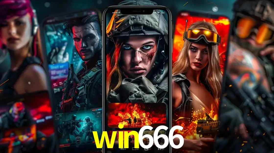 Montagem de telas de celular mostrando diversos personagens, masculinos e femininos, de um jogo de tiro, ilustrando a diversidade de equipes de e-sports para apostar no win666.