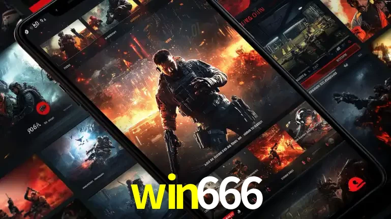 Tela de um celular exibindo uma galeria de jogos de tiro com temática militar, mostrando a variedade de e-sports disponíveis para apostas na plataforma de entretenimento win666.