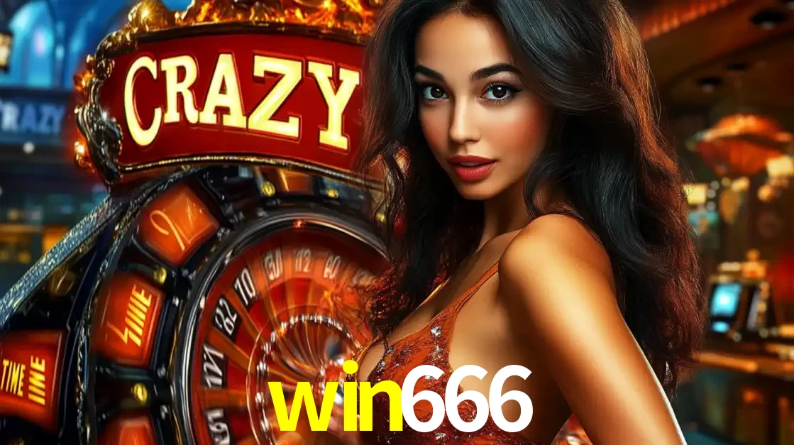 Mulher glamourosa olhando para a câmera com a roda vermelha do Crazy Time ao fundo em um ambiente de cassino, destacando a emoção dos jogos ao vivo no win666.