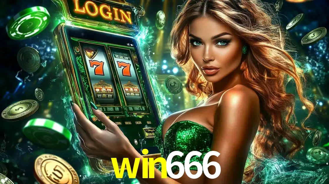 Mulher com tema verde apresentando o aplicativo do cassino win666 com um jogo de slot de 777, cercada por fichas de cassino e uma aura de sorte.