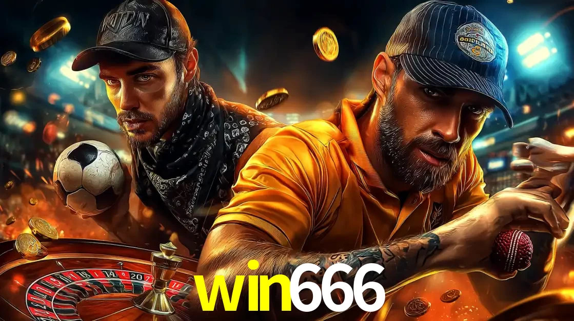 Montagem de apostas esportivas e cassino no win666, com um homem segurando uma bola de futebol e outro uma de beisebol sobre uma roleta e moedas voadoras.