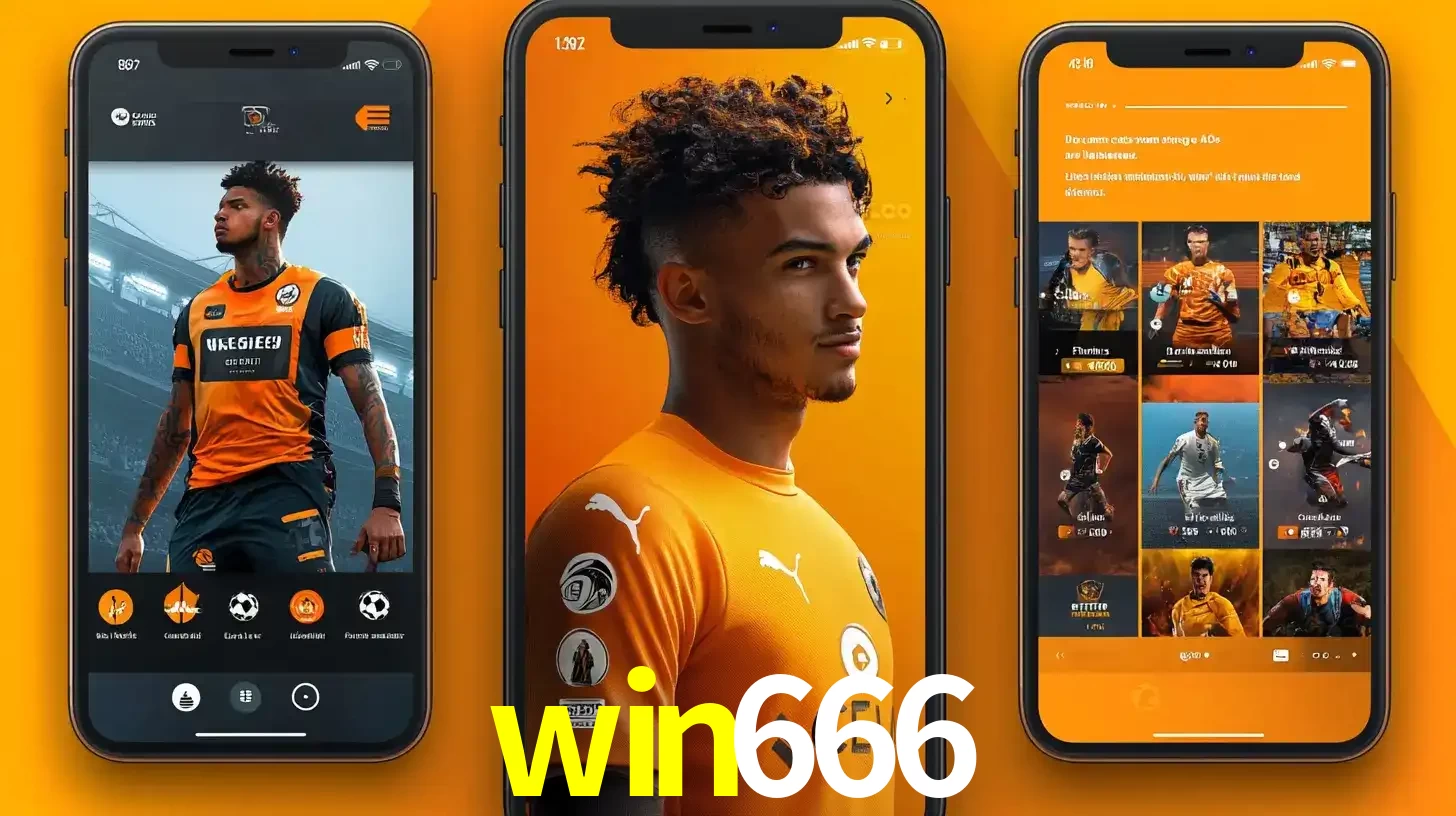 Interface do aplicativo de apostas esportivas win666 em três telas de celular, mostrando o perfil de um jogador de futebol e a lista de jogos disponíveis para apostar.