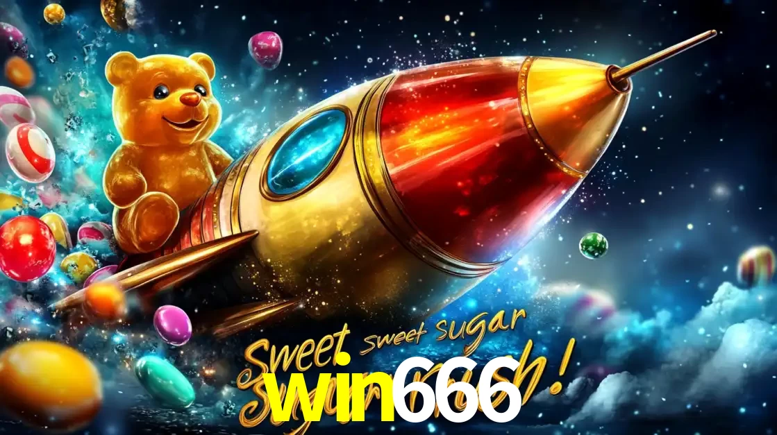 Arte promocional do jogo de slot Sugar Rush, com um urso de pelúcia em um foguete viajando pelo espaço de doces, um dos jogos divertidos disponíveis no cassino win666.