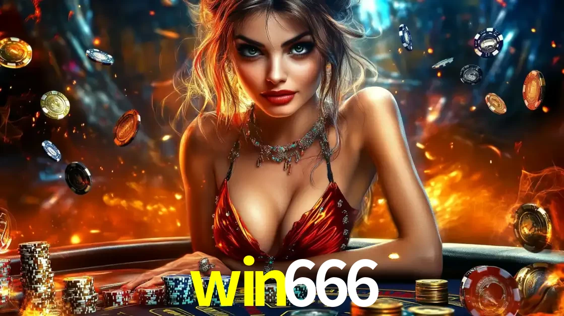 Mulher em uma mesa de cassino com pilhas de fichas e um fundo de fogo, pronta para uma rodada de altas apostas nos jogos de mesa emocionantes do cassino win666.