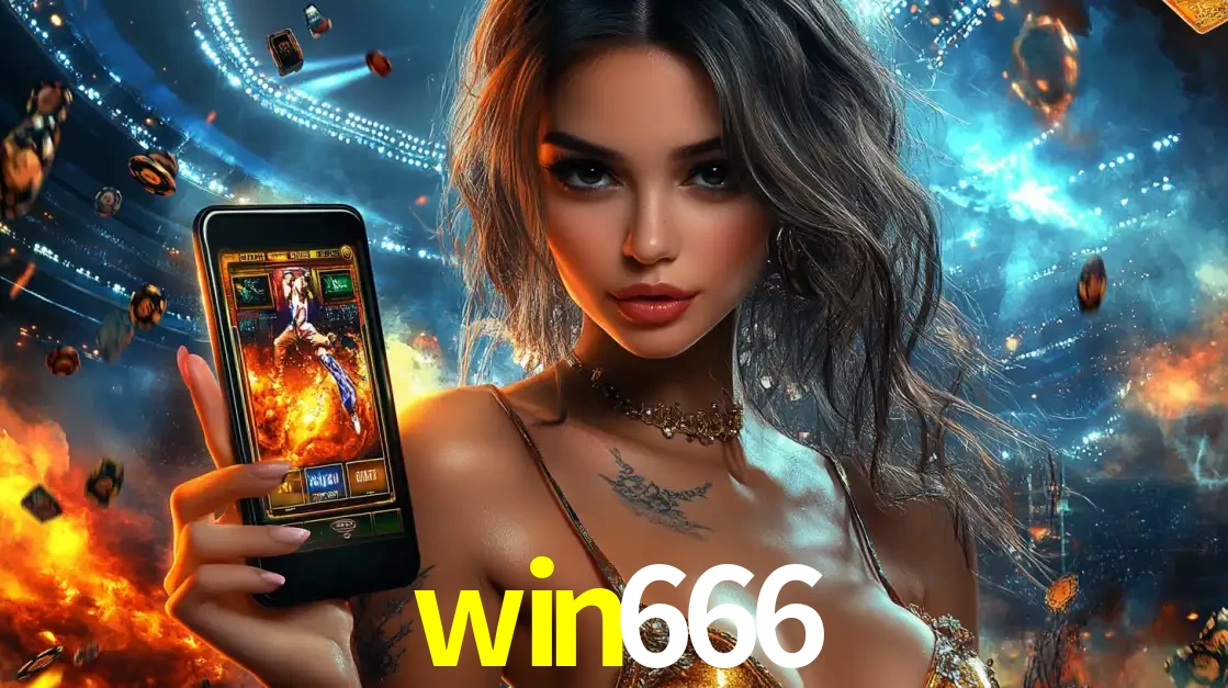 Mulher segurando um celular com um jogo de slot em destaque, tendo como fundo um estádio vibrante, simbolizando a emoção de jogar no cassino móvel win666.
