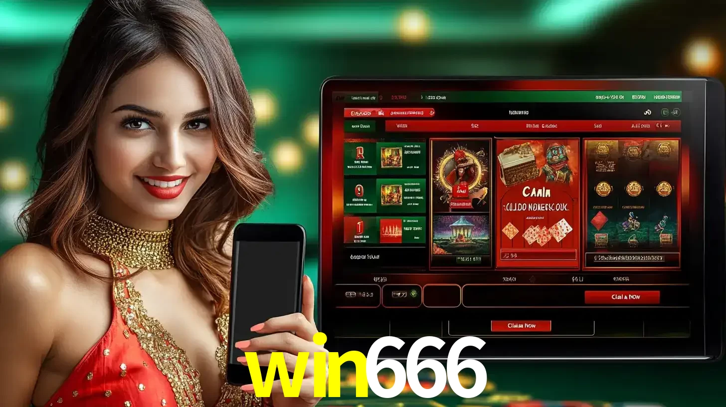 Mulher sorridente segurando um smartphone, ao lado de uma tela exibindo o lobby de jogos do cassino online win666, com várias opções de jogos de cartas e slots.